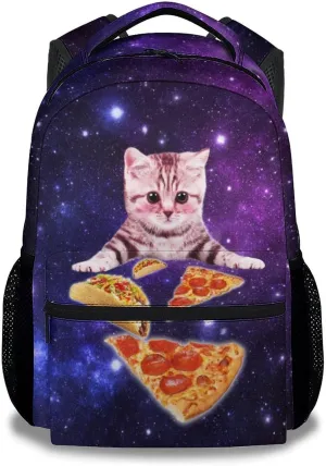 Mercuryelf Galaxy Cat Pizza Backpack for Girls, 16 Inch Backpacks for School Travel, Cute Lightweight Bookbag for Kids