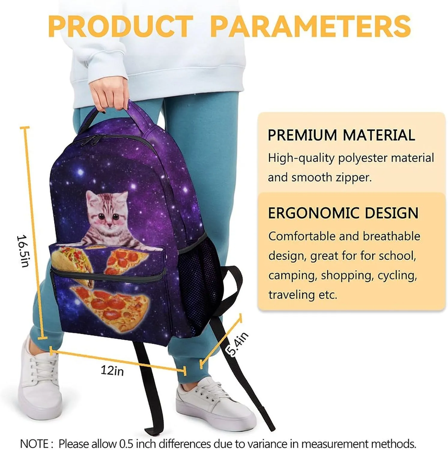 Mercuryelf Galaxy Cat Pizza Backpack for Girls, 16 Inch Backpacks for School Travel, Cute Lightweight Bookbag for Kids