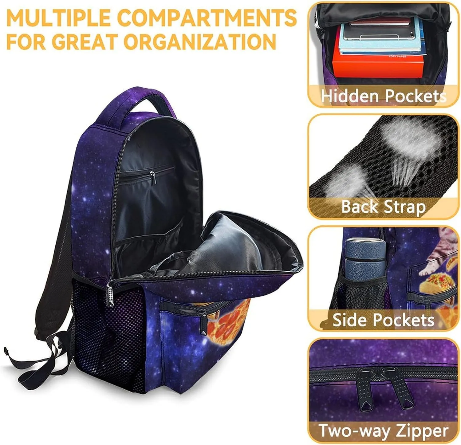 Mercuryelf Galaxy Cat Pizza Backpack for Girls, 16 Inch Backpacks for School Travel, Cute Lightweight Bookbag for Kids