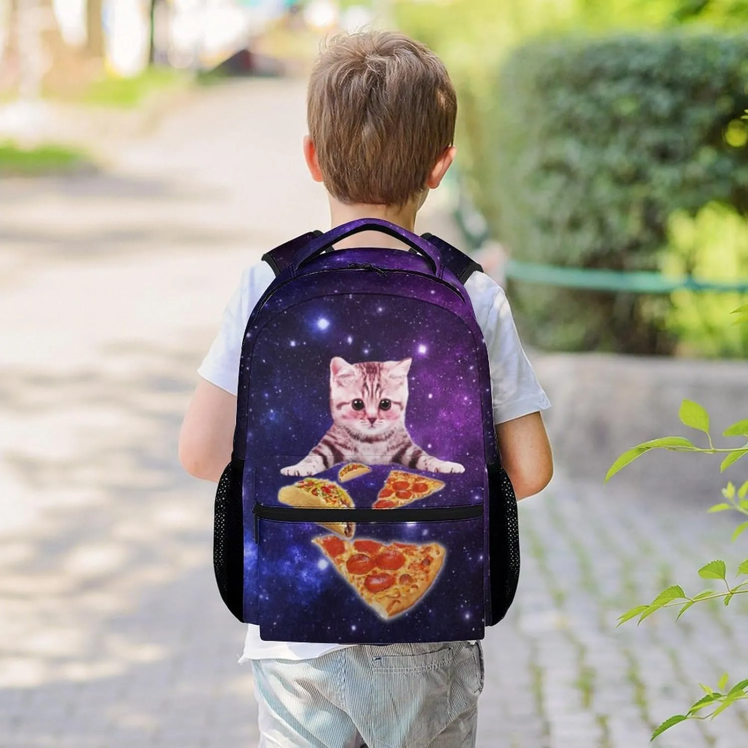 Mercuryelf Galaxy Cat Pizza Backpack for Girls, 16 Inch Backpacks for School Travel, Cute Lightweight Bookbag for Kids