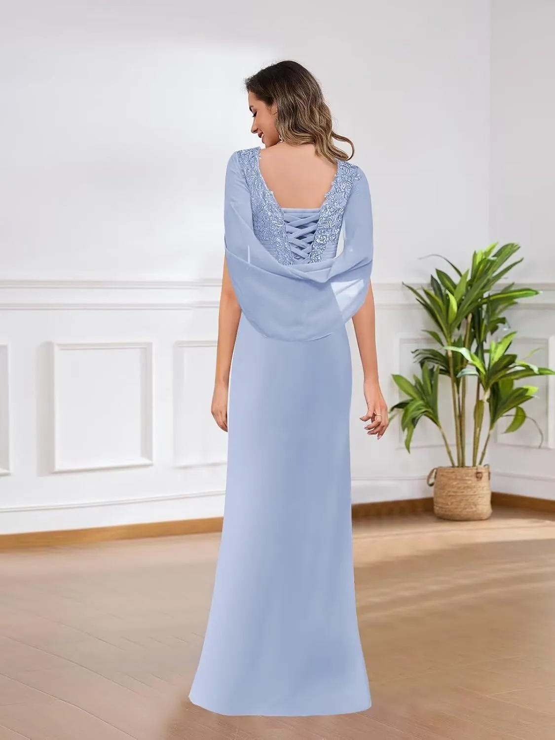 Mermaid Mother of The Bride Dress for Wedding Cape Sleeve Lace Appliques Long Chiffon Ruffles Evening Formal Gown