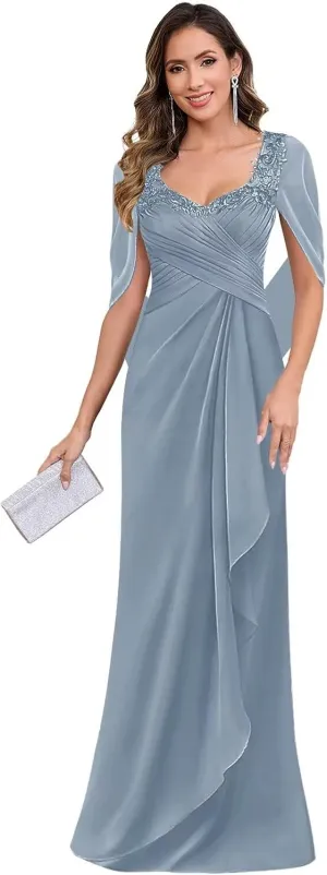 Mermaid Mother of The Bride Dress for Wedding Cape Sleeve Lace Appliques Long Chiffon Ruffles Evening Formal Gown