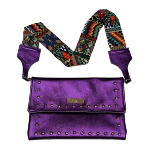 Metallic Dark Purple Leather Crossbody with Beaded Strap