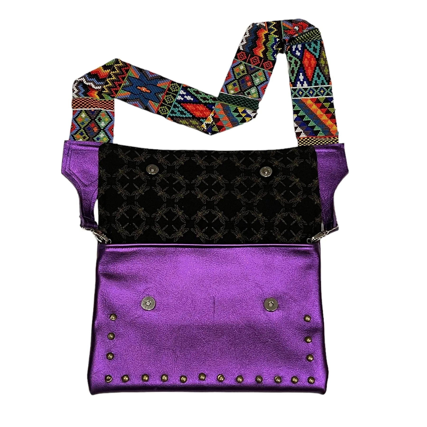 Metallic Dark Purple Leather Crossbody with Beaded Strap