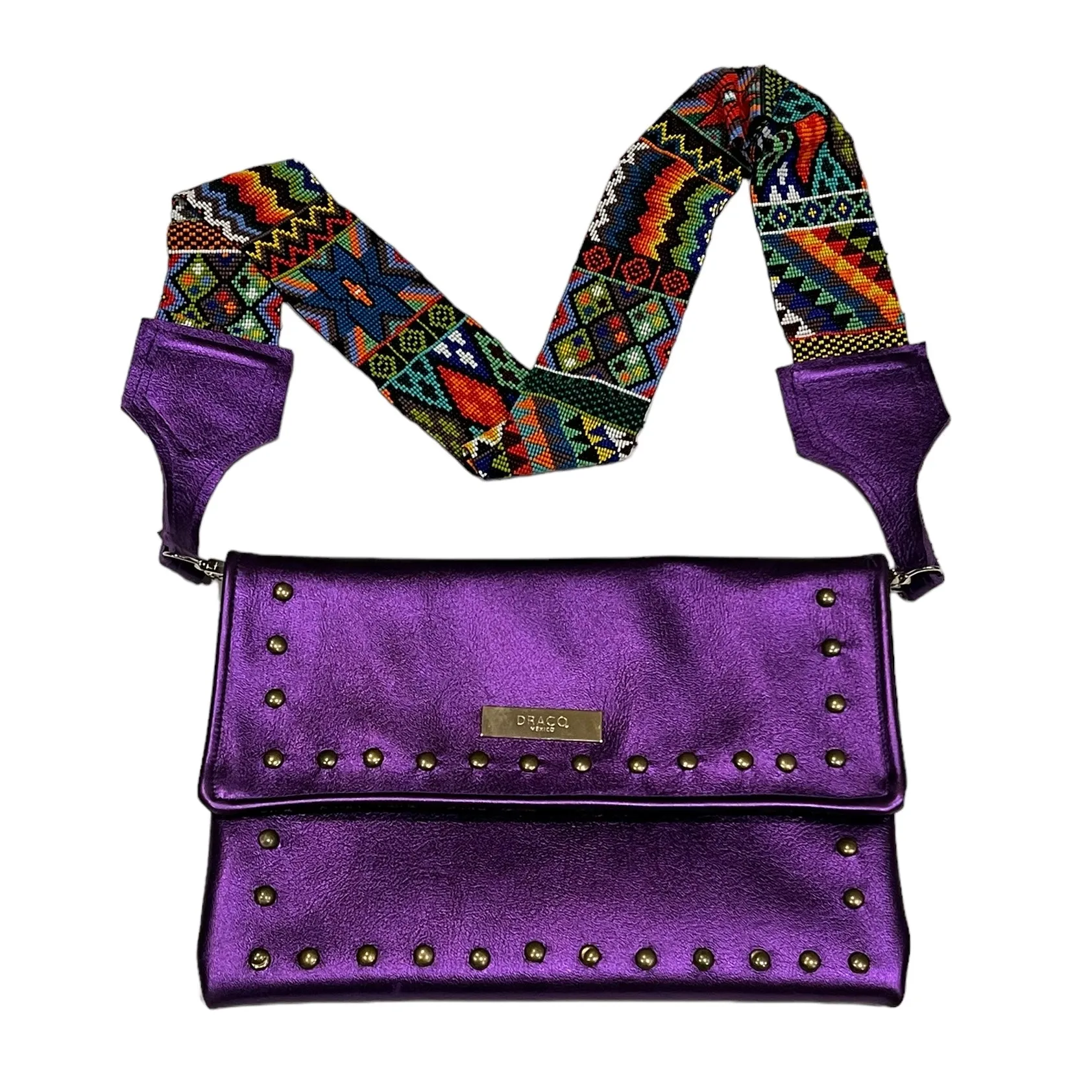 Metallic Dark Purple Leather Crossbody with Beaded Strap
