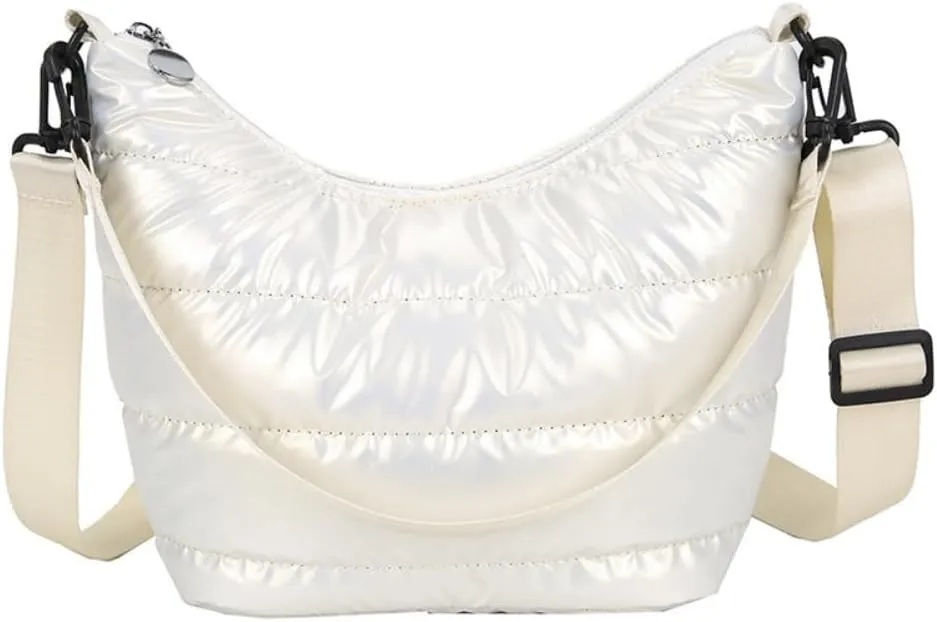Metallic Puffy Crossbody Quilted Shoulder Bag for Women Metallic Puffer Purse Large Capacity Tote Bag with Adjustable Nylon Strap (White)
