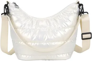 Metallic Puffy Crossbody Quilted Shoulder Bag for Women Metallic Puffer Purse Large Capacity Tote Bag with Adjustable Nylon Strap (White)