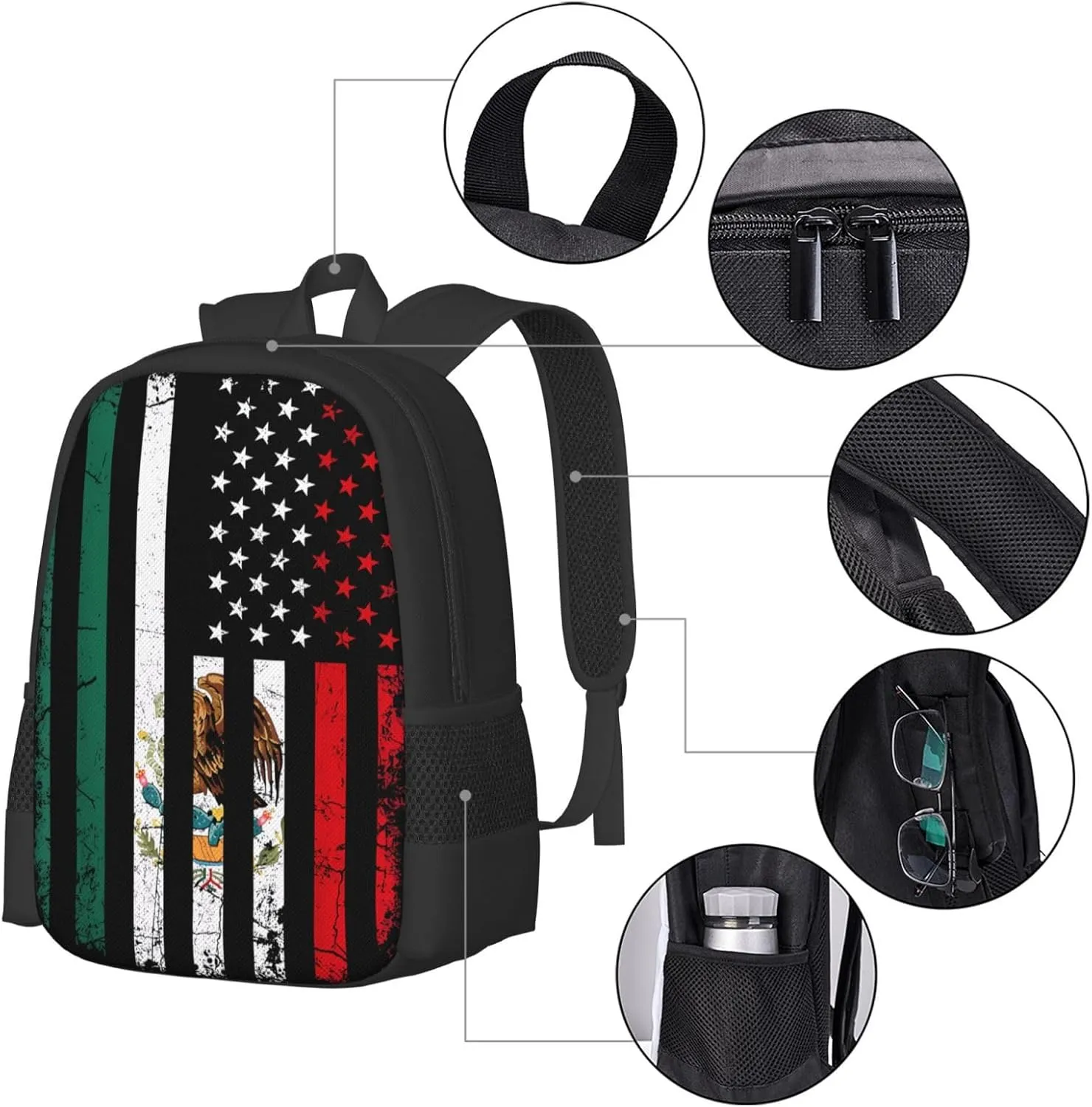Mexico Mexican Eagle Flag Casual Backpacks Large Capacity Backpack Laptop Rucksack Sport Daypack Commuter Bags with Adjustable Strap for Traveling Camping