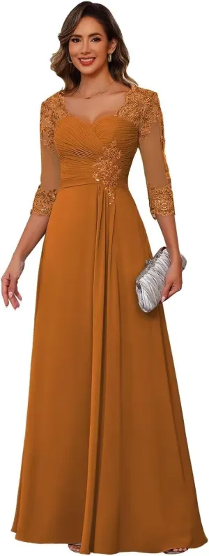 Miao Duo Women's Lace Appliqued Mother of The Bride Dresses 3/4 Sleeves Scoop Long Formal Evening Dress MDPM107