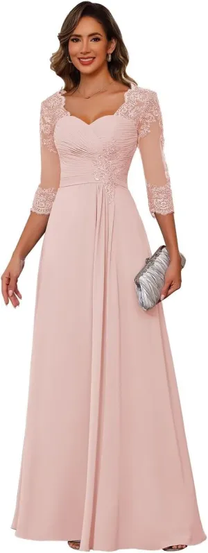 Miao Duo Women's Lace Appliqued Mother of The Bride Dresses 3/4 Sleeves Scoop Long Formal Evening Dress MDPM107
