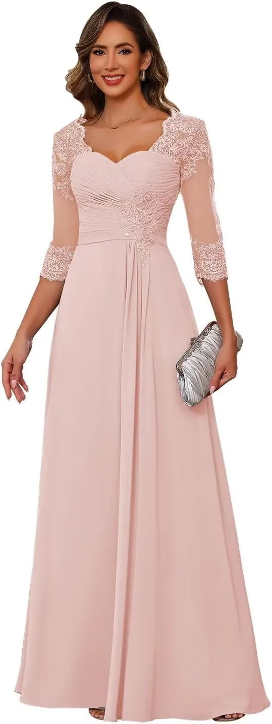 Miao Duo Women's Lace Appliqued Mother of The Bride Dresses 3/4 Sleeves Scoop Long Formal Evening Dress MDPM107