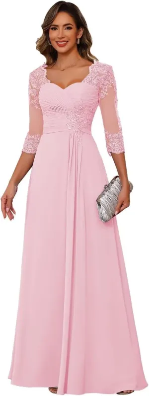 Miao Duo Women's Lace Appliqued Mother of The Bride Dresses 3/4 Sleeves Scoop Long Formal Evening Dress MDPM107