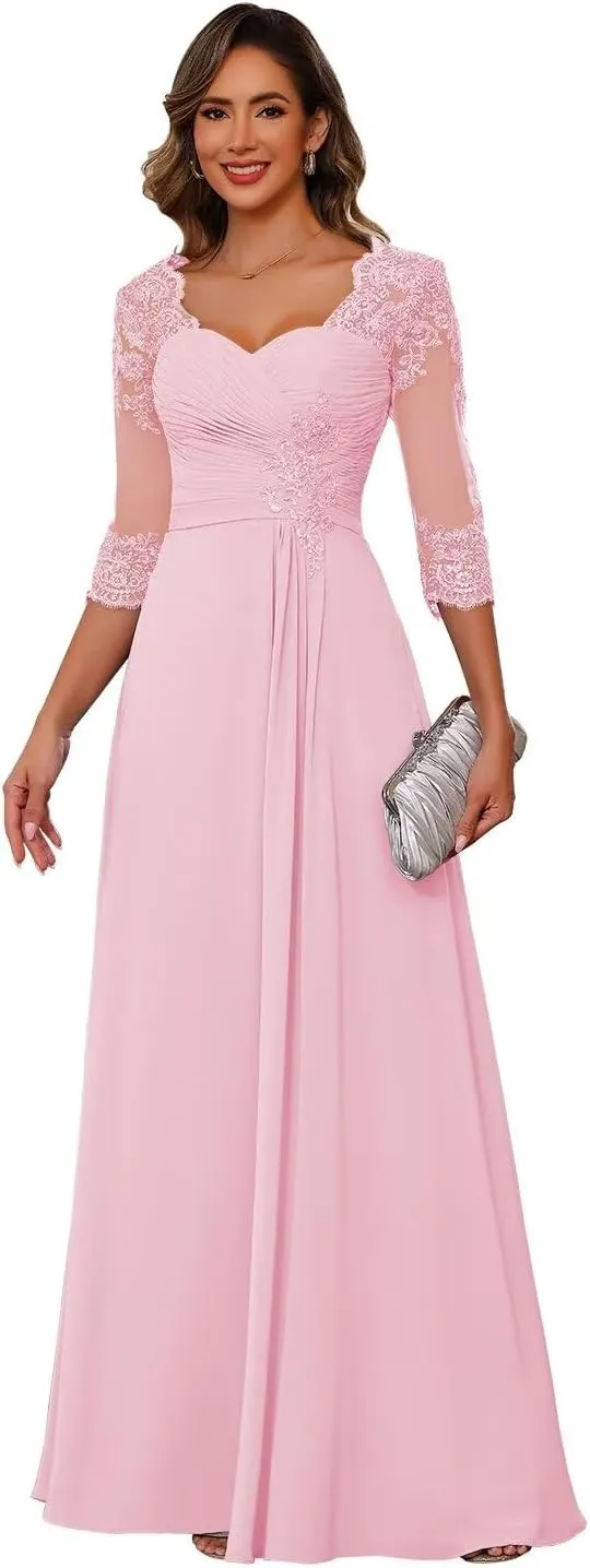 Miao Duo Women's Lace Appliqued Mother of The Bride Dresses 3/4 Sleeves Scoop Long Formal Evening Dress MDPM107