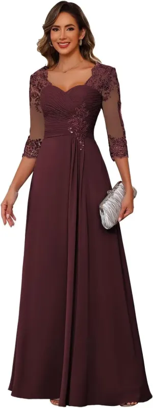 Miao Duo Women's Lace Appliqued Mother of The Bride Dresses 3/4 Sleeves Scoop Long Formal Evening Dress MDPM107