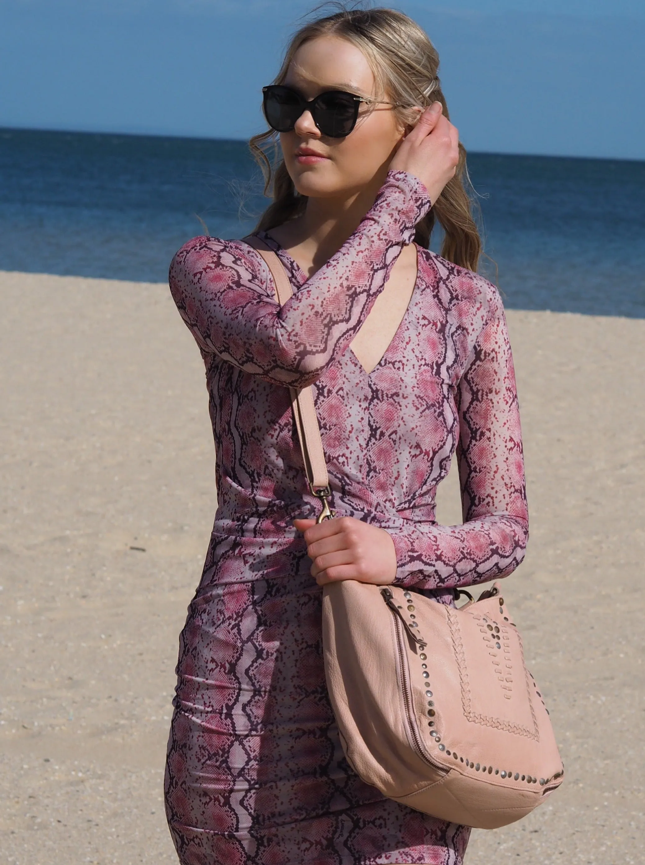 Mila Stitch & Stud Leather Tote | Misty Rose