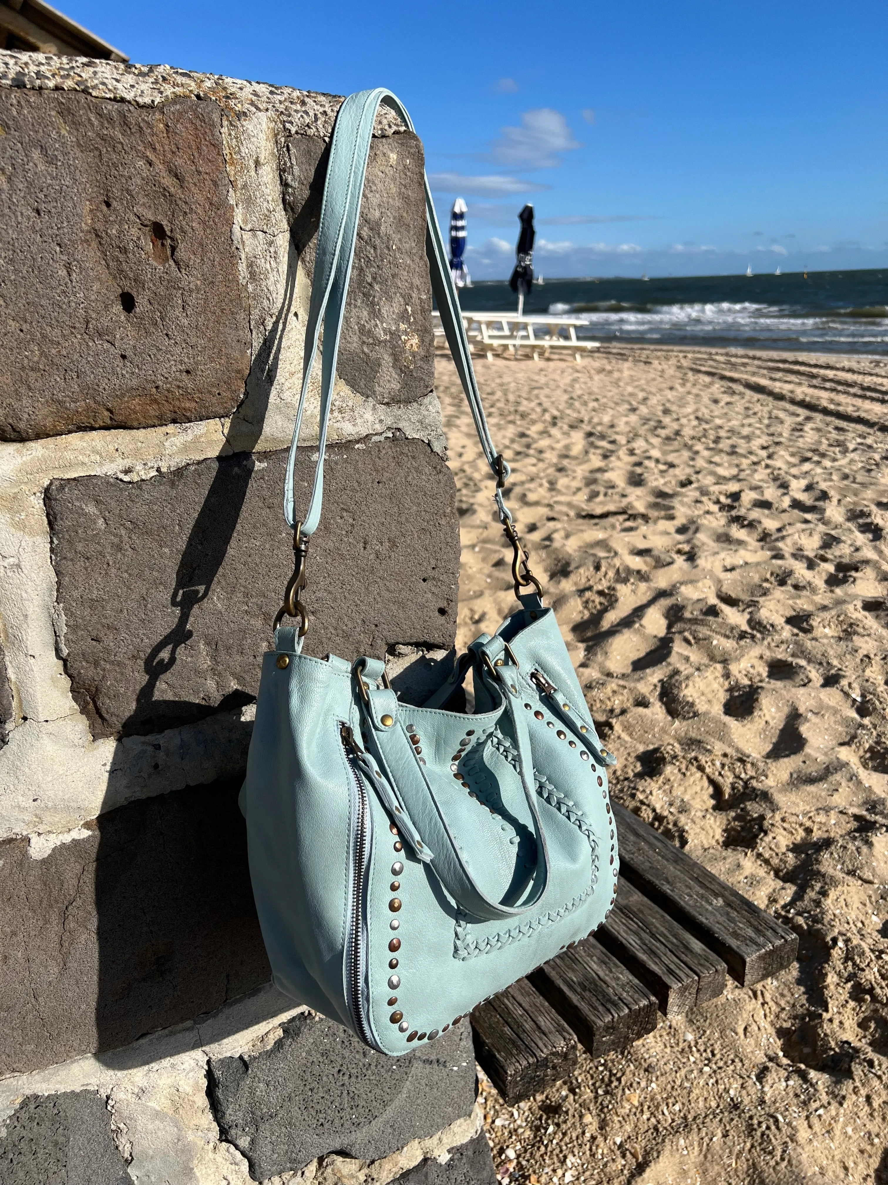 Mila Stitch & Stud Leather Tote | Pale Blue | Pre-Order
