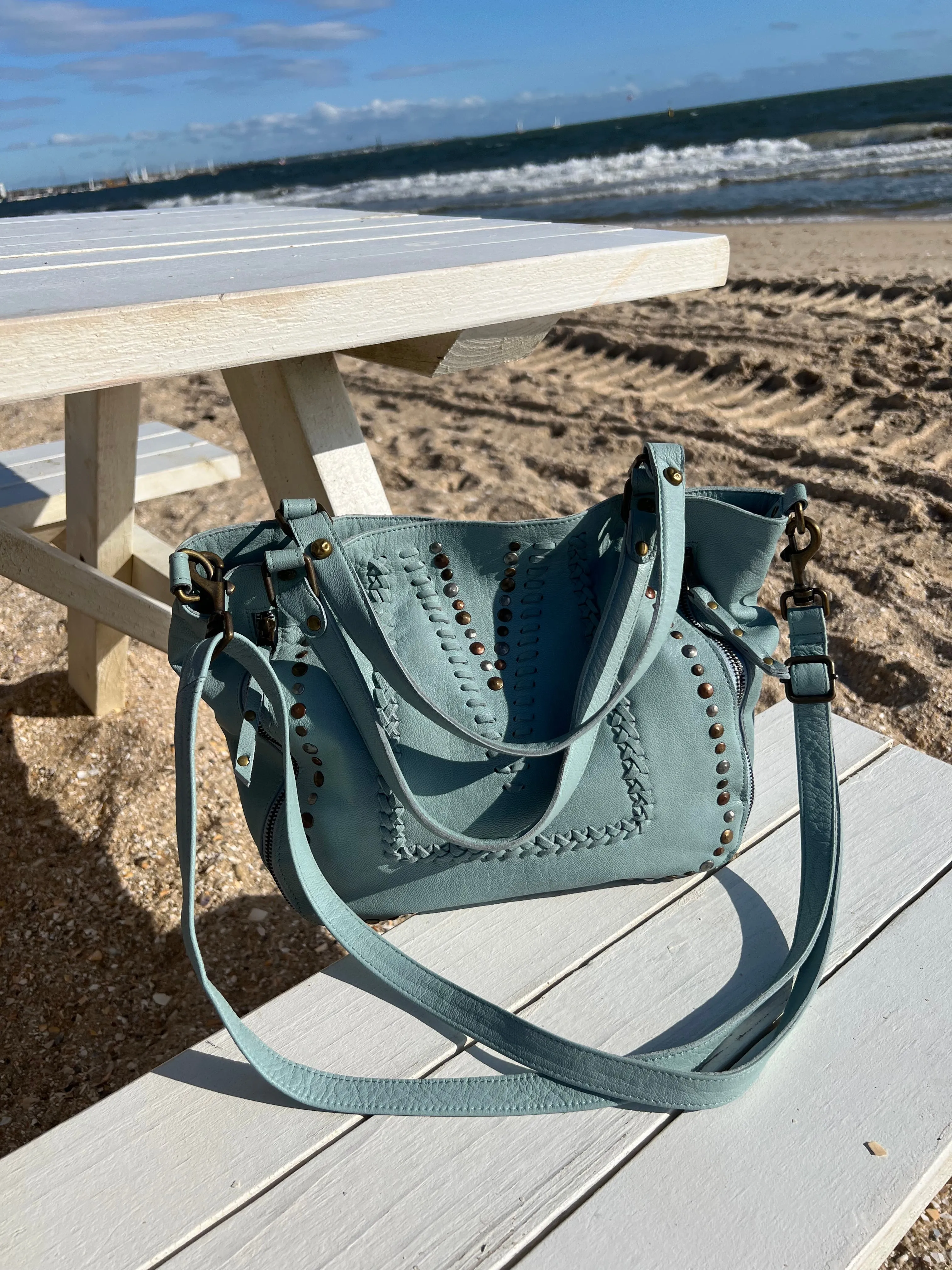 Mila Stitch & Stud Leather Tote | Pale Blue | Pre-Order