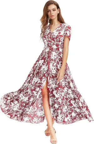 Milumia Women Button Up Floral Print Split Flowy Maxi Party Summer Dress