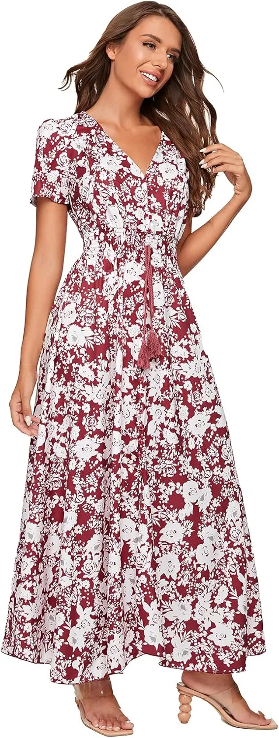 Milumia Women Button Up Floral Print Split Flowy Maxi Party Summer Dress