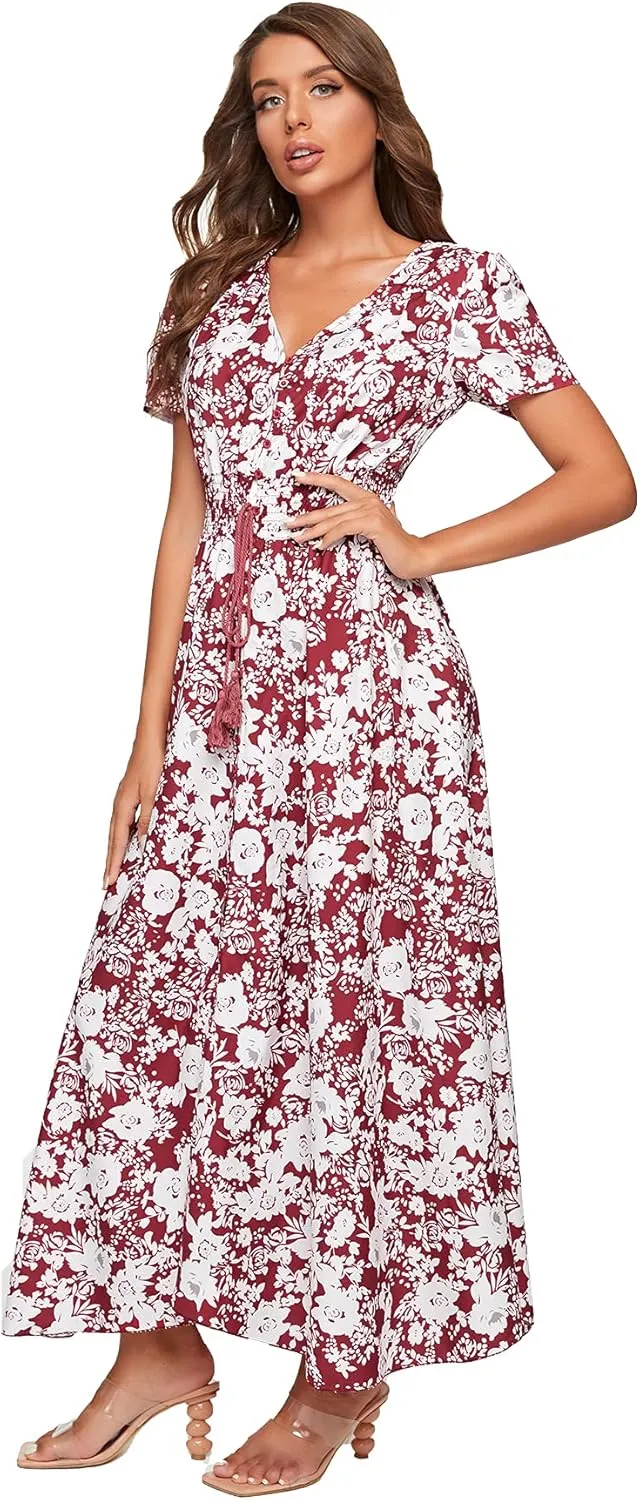 Milumia Women Button Up Floral Print Split Flowy Maxi Party Summer Dress