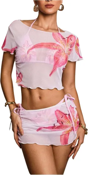 Milumia Women's 4 Piece Swimsuit Floral Halter Triangle Bikini Set with Cover Up Top and Skirt