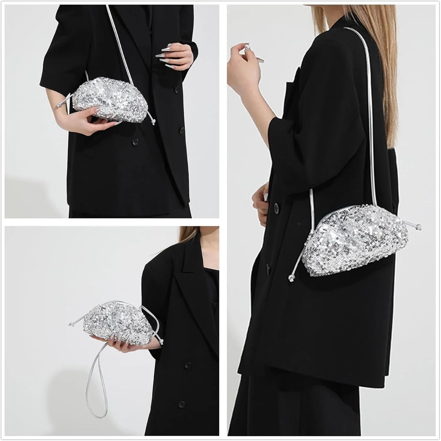 MINGSEECESS Women Fashion Cloud-Shaped Dumpling Bag Metallic Ruched Crossbody Cell Phone Bag Clutch Shoulder Handbag