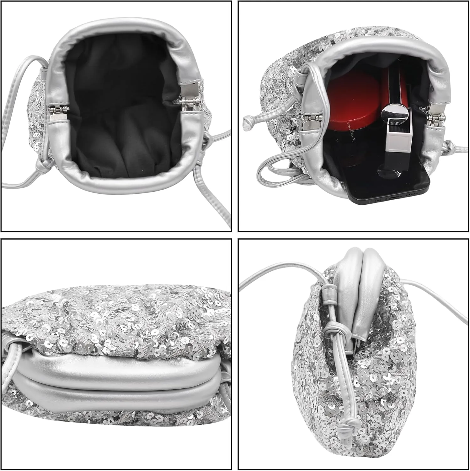 MINGSEECESS Women Fashion Cloud-Shaped Dumpling Bag Metallic Ruched Crossbody Cell Phone Bag Clutch Shoulder Handbag