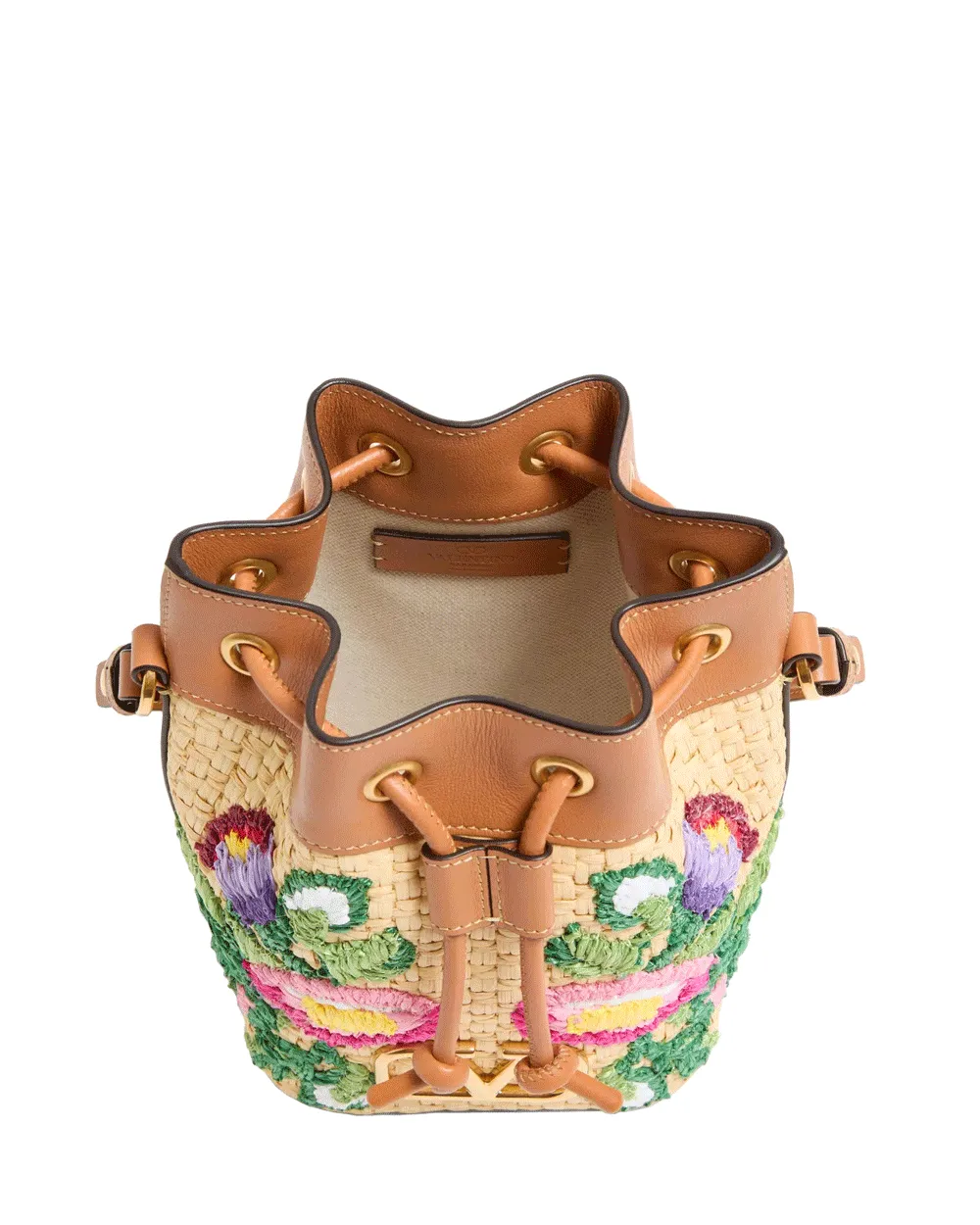 Mini Floral Embroidered Bucket Bag in Camel Multicolor
