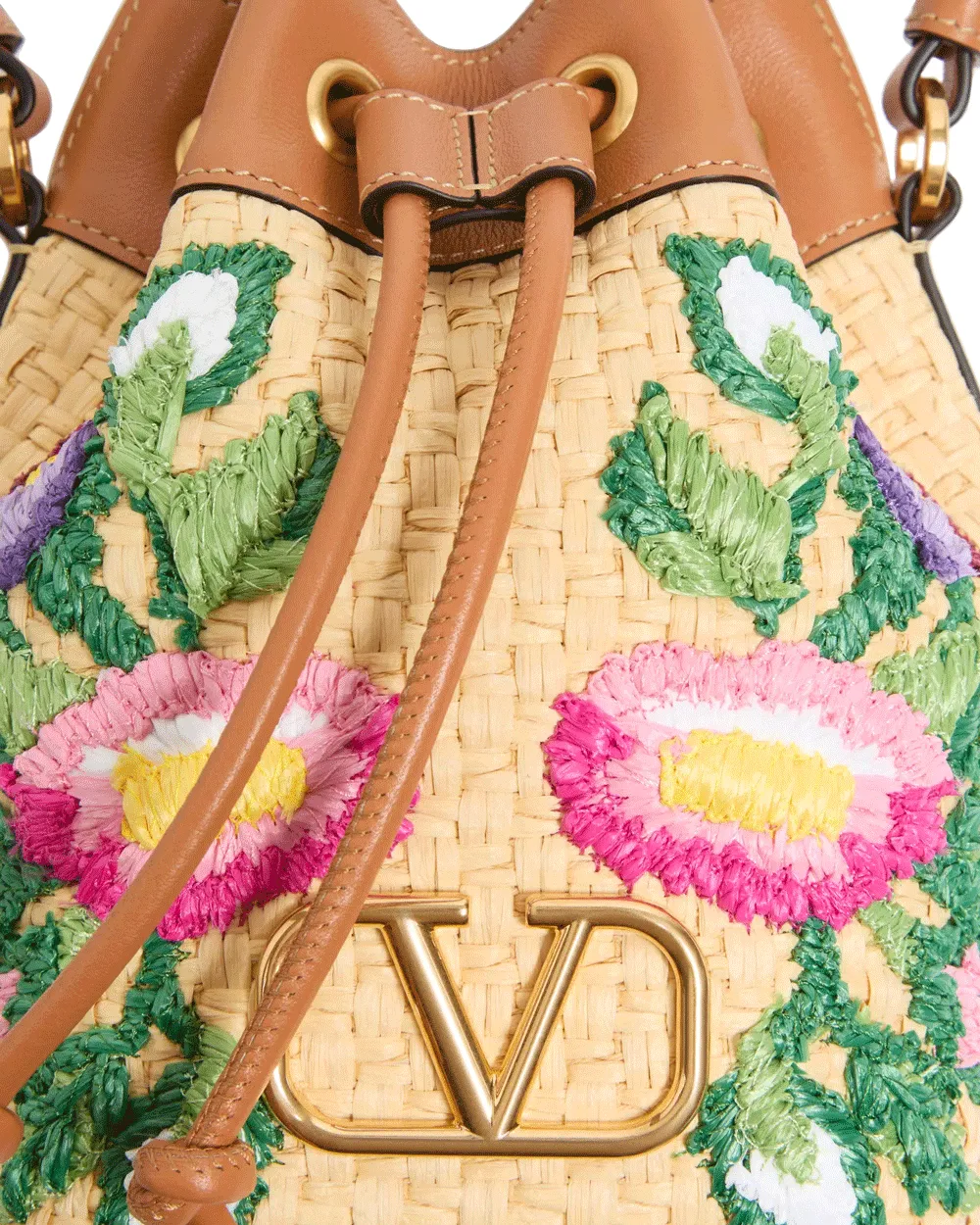 Mini Floral Embroidered Bucket Bag in Camel Multicolor