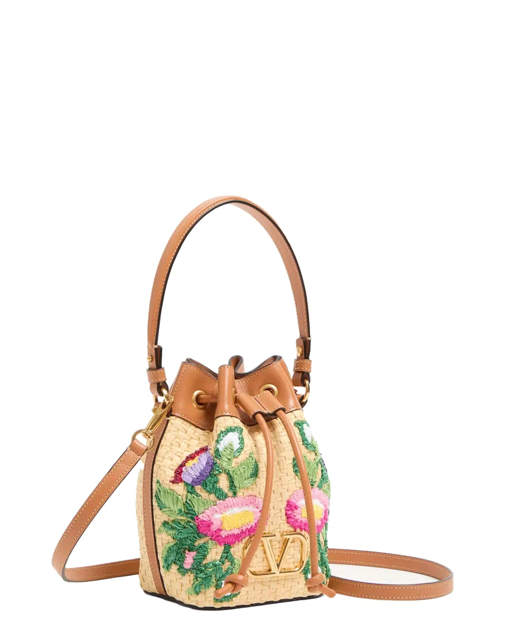 Mini Floral Embroidered Bucket Bag in Camel Multicolor