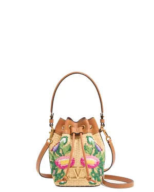 Mini Floral Embroidered Bucket Bag in Camel Multicolor