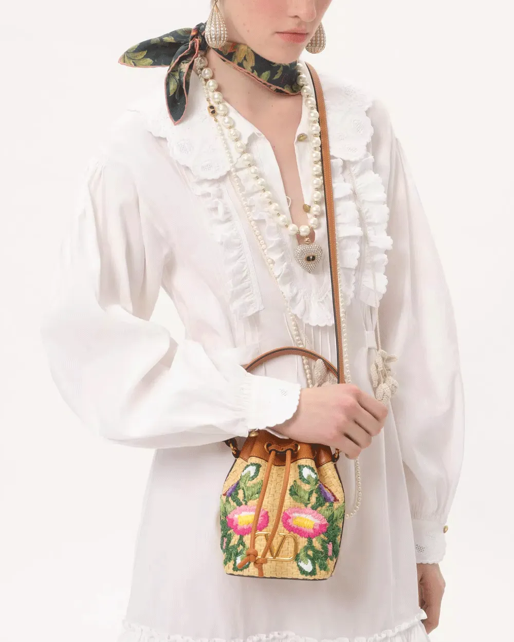 Mini Floral Embroidered Bucket Bag in Camel Multicolor