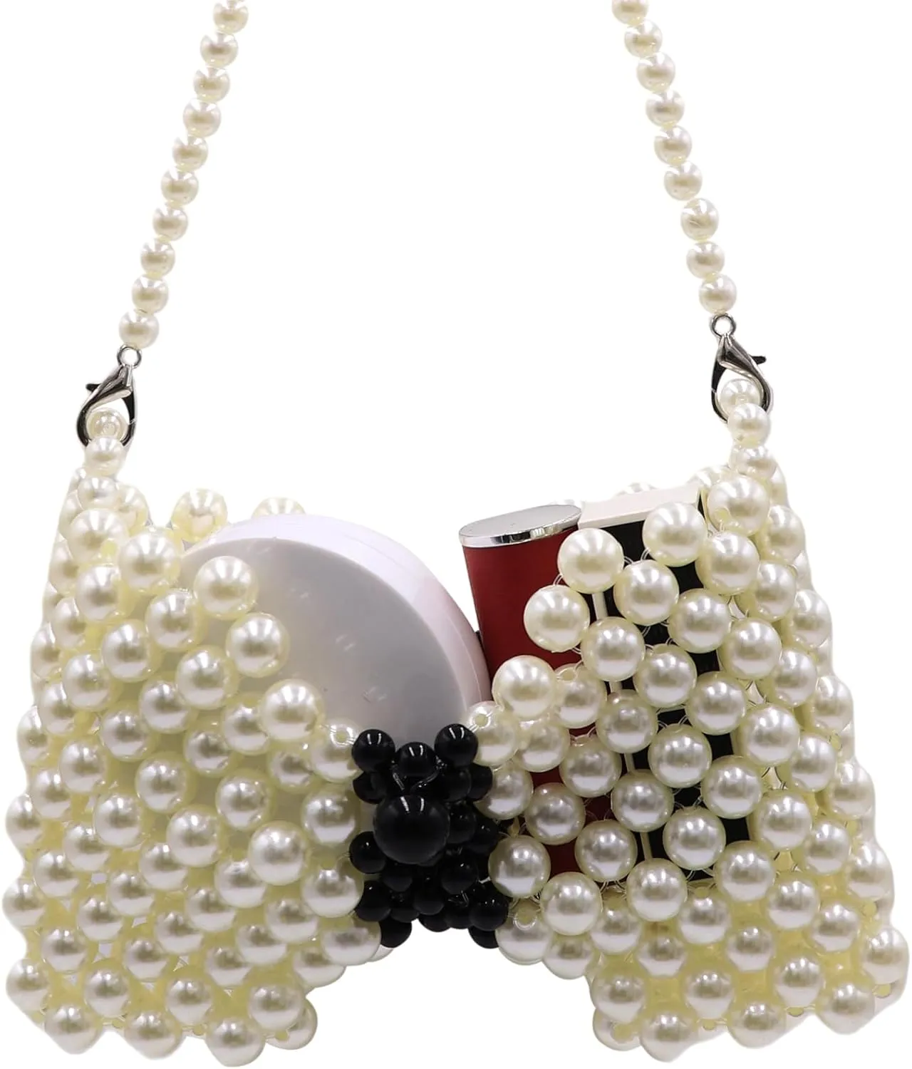 Mini White Pearl Purse for Girls Butterfly Crossbody Handbag Pearl Shoulder Bag Beaded Clutch for Women