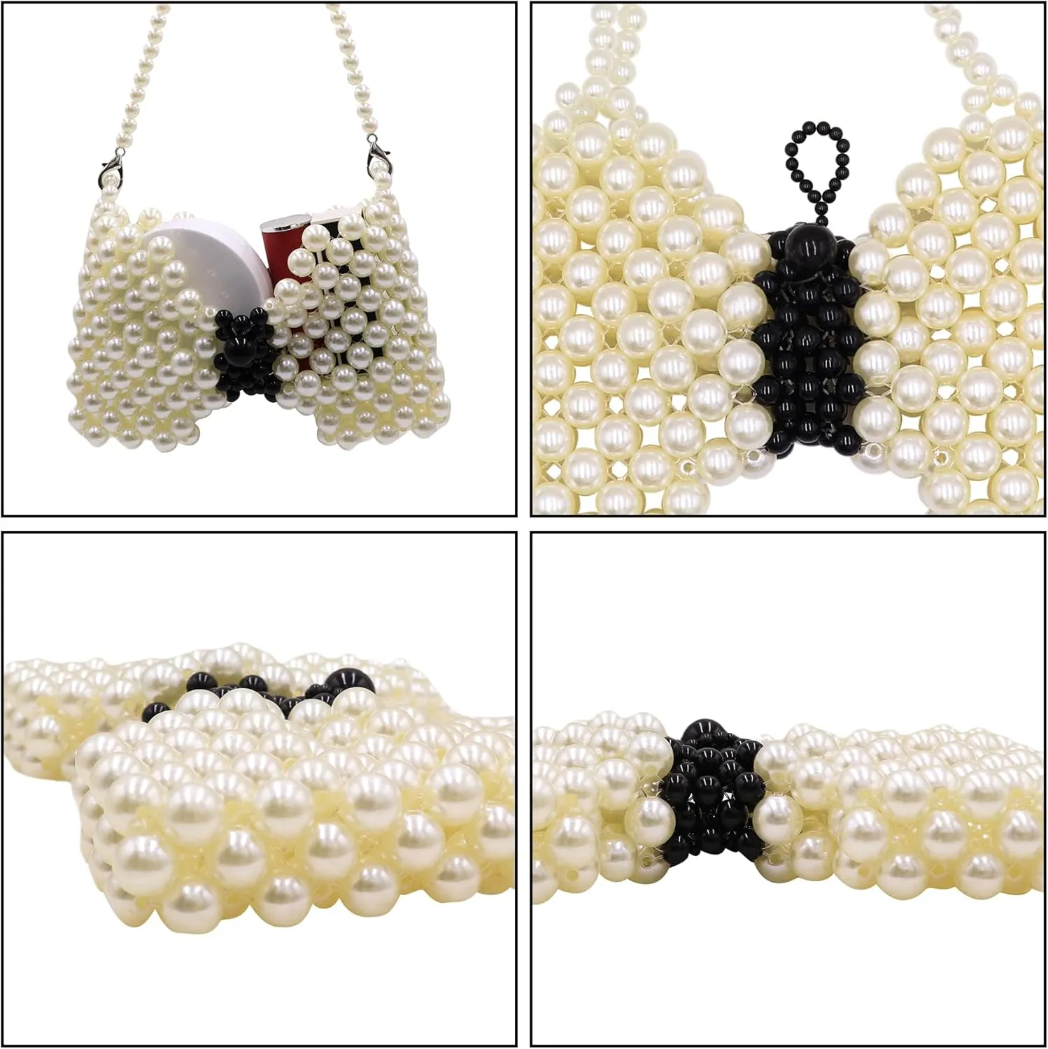 Mini White Pearl Purse for Girls Butterfly Crossbody Handbag Pearl Shoulder Bag Beaded Clutch for Women