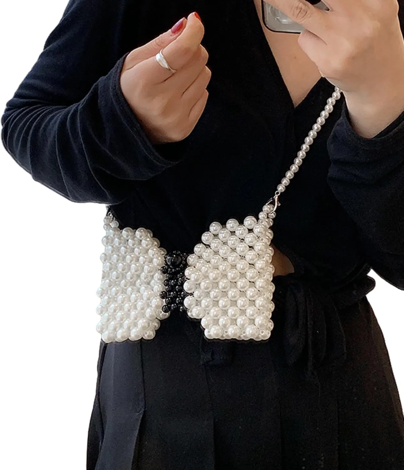 Mini White Pearl Purse for Girls Butterfly Crossbody Handbag Pearl Shoulder Bag Beaded Clutch for Women