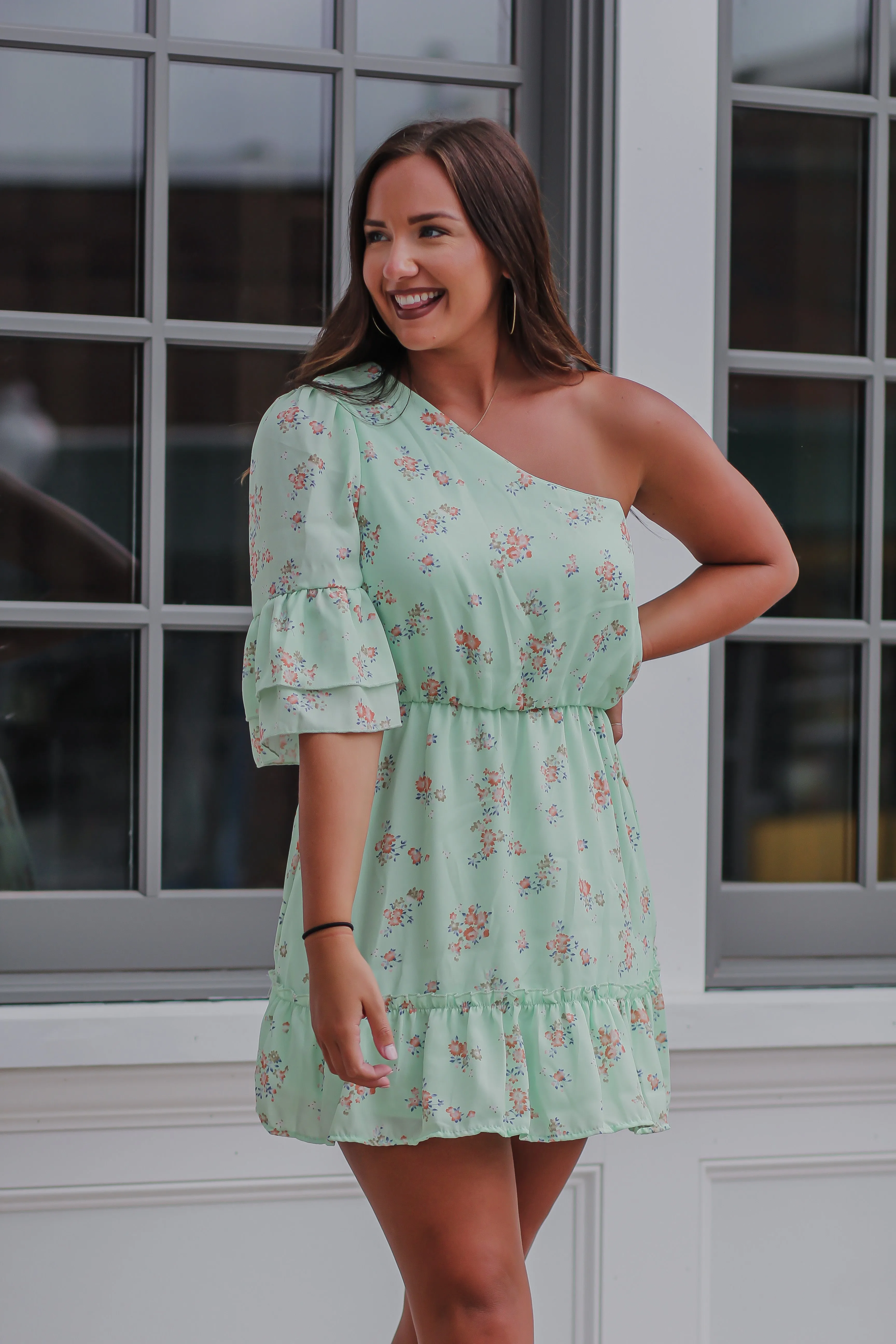 Mint Floral Print One Shoulder Mini Dress