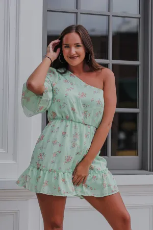 Mint Floral Print One Shoulder Mini Dress