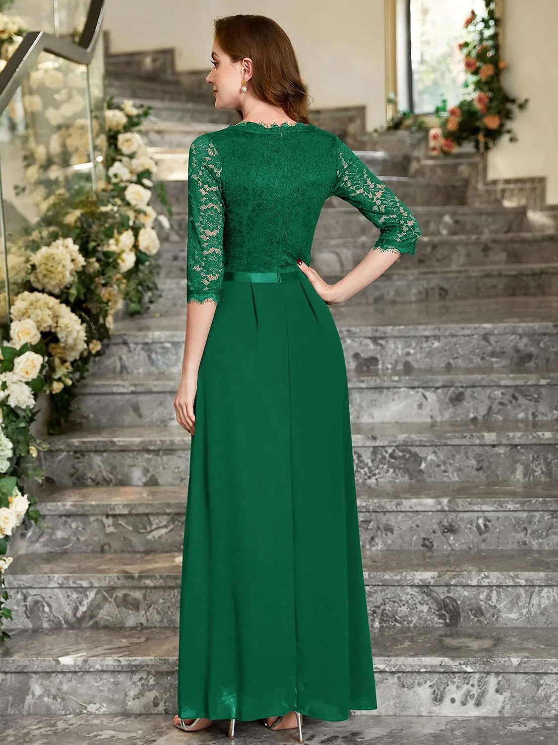 MISSMAY Women's Formal Floral Lace 2/3 Sleeves Long Evening Party Maxi Dress