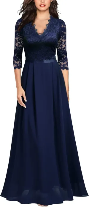 MISSMAY Women's Formal Floral Lace 2/3 Sleeves Long Evening Party Maxi Dress