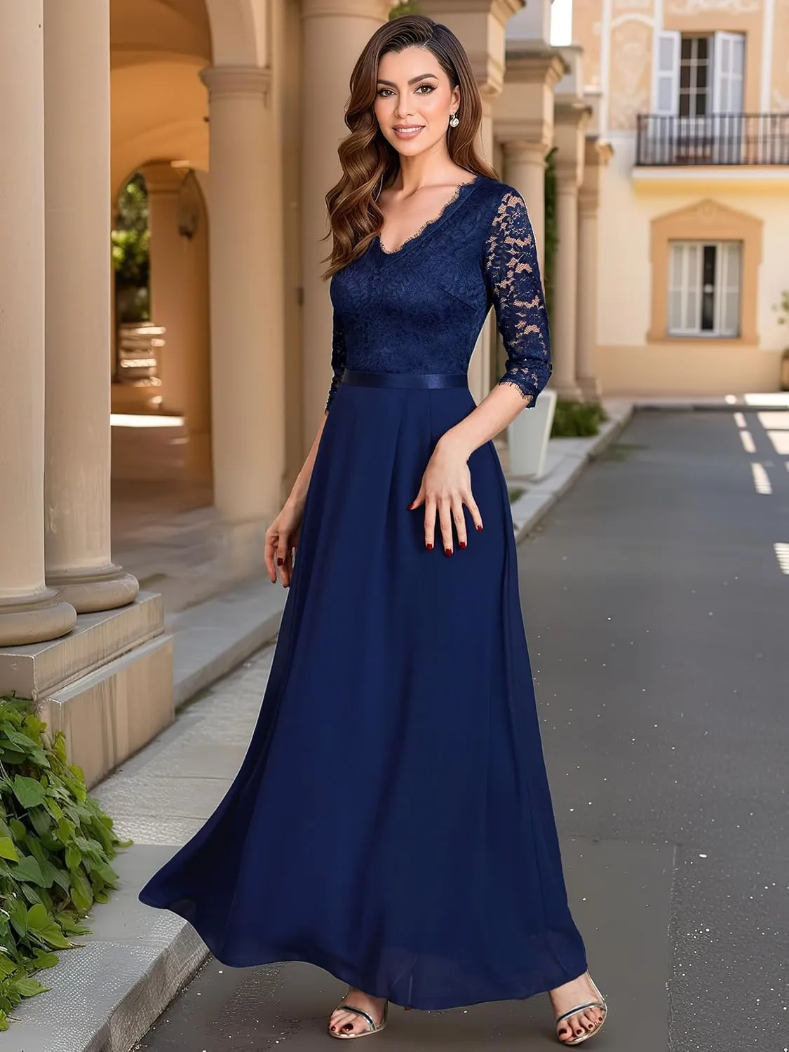MISSMAY Women's Formal Floral Lace 2/3 Sleeves Long Evening Party Maxi Dress
