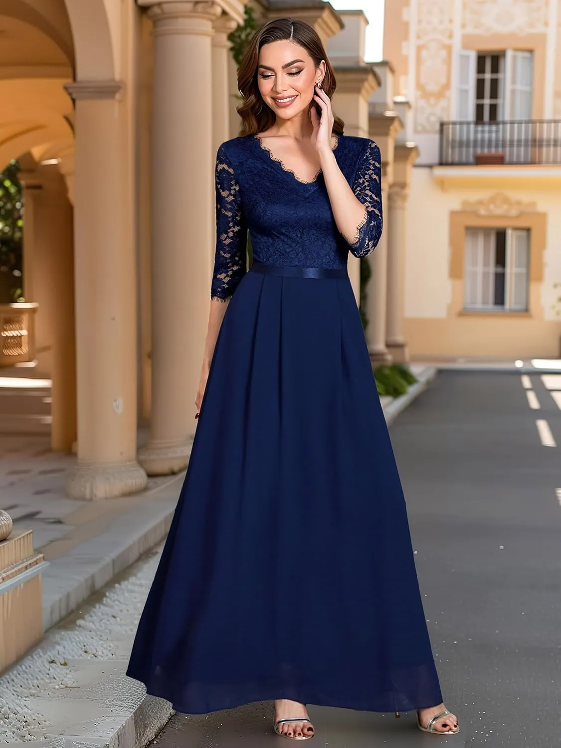 MISSMAY Women's Formal Floral Lace 2/3 Sleeves Long Evening Party Maxi Dress