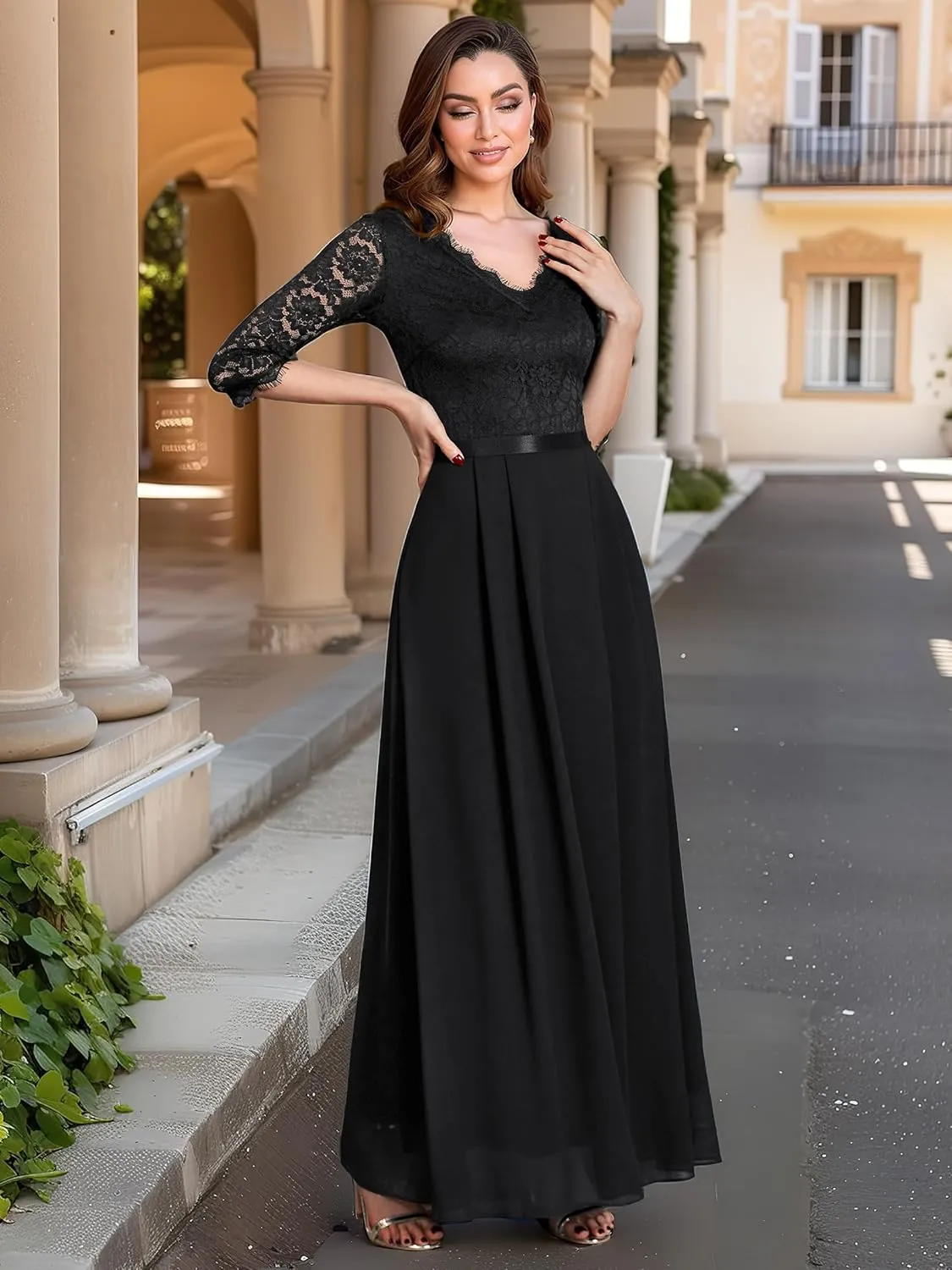 MISSMAY Women's Formal Floral Lace 2/3 Sleeves Long Evening Party Maxi Dress