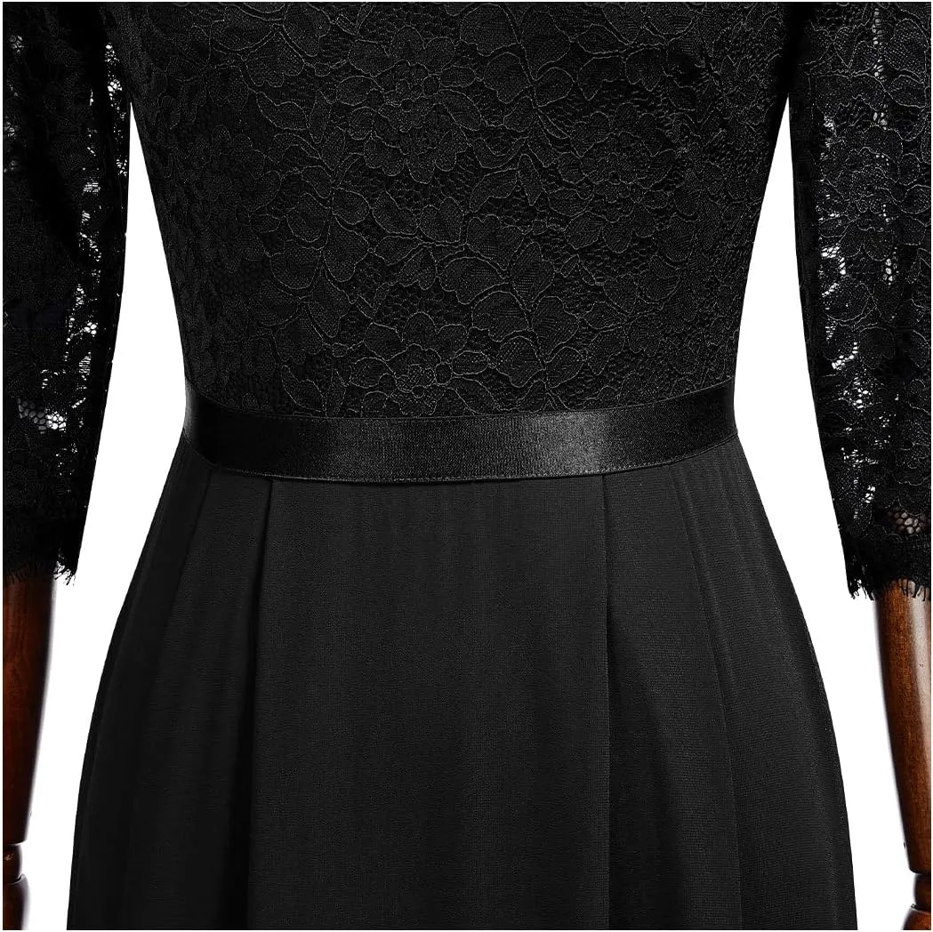 MISSMAY Women's Formal Floral Lace 2/3 Sleeves Long Evening Party Maxi Dress