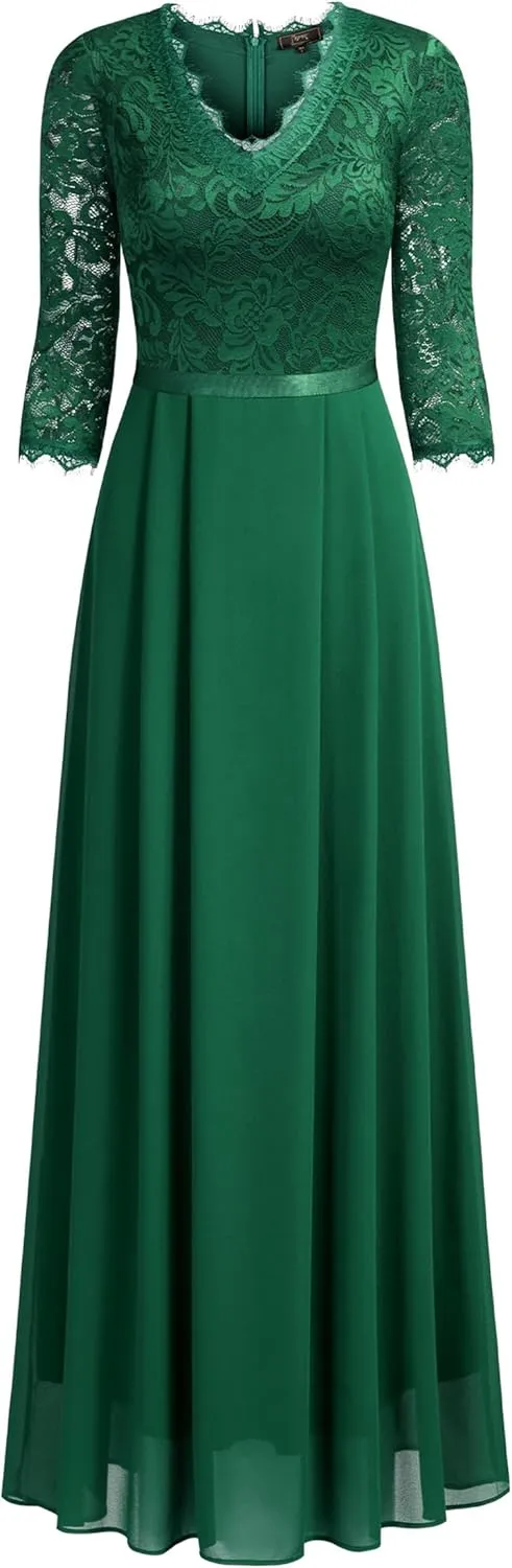 MISSMAY Women's Formal Floral Lace 2/3 Sleeves Long Evening Party Maxi Dress