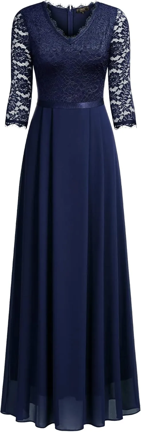 MISSMAY Women's Formal Floral Lace 2/3 Sleeves Long Evening Party Maxi Dress