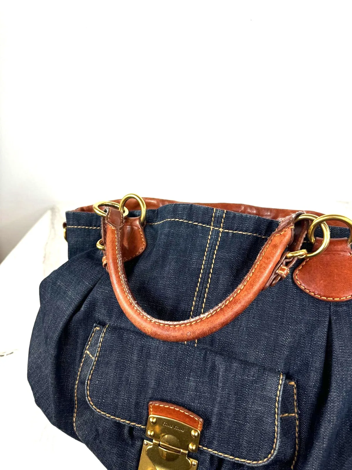 MIU MIU VINTAGE DENIM LEATHER HANDBAG