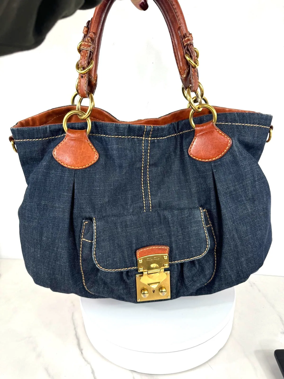MIU MIU VINTAGE DENIM LEATHER HANDBAG