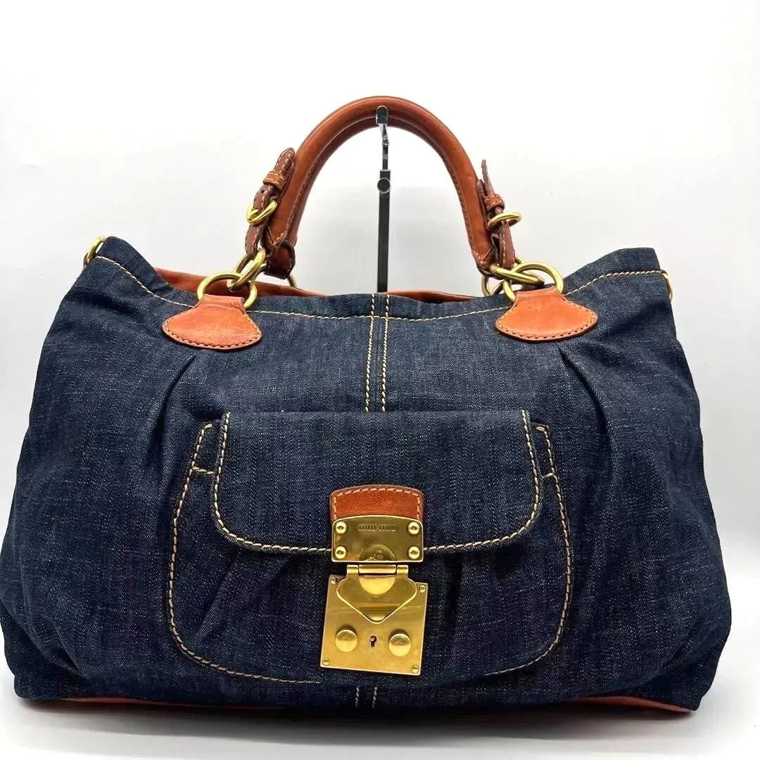 MIU MIU VINTAGE DENIM LEATHER HANDBAG