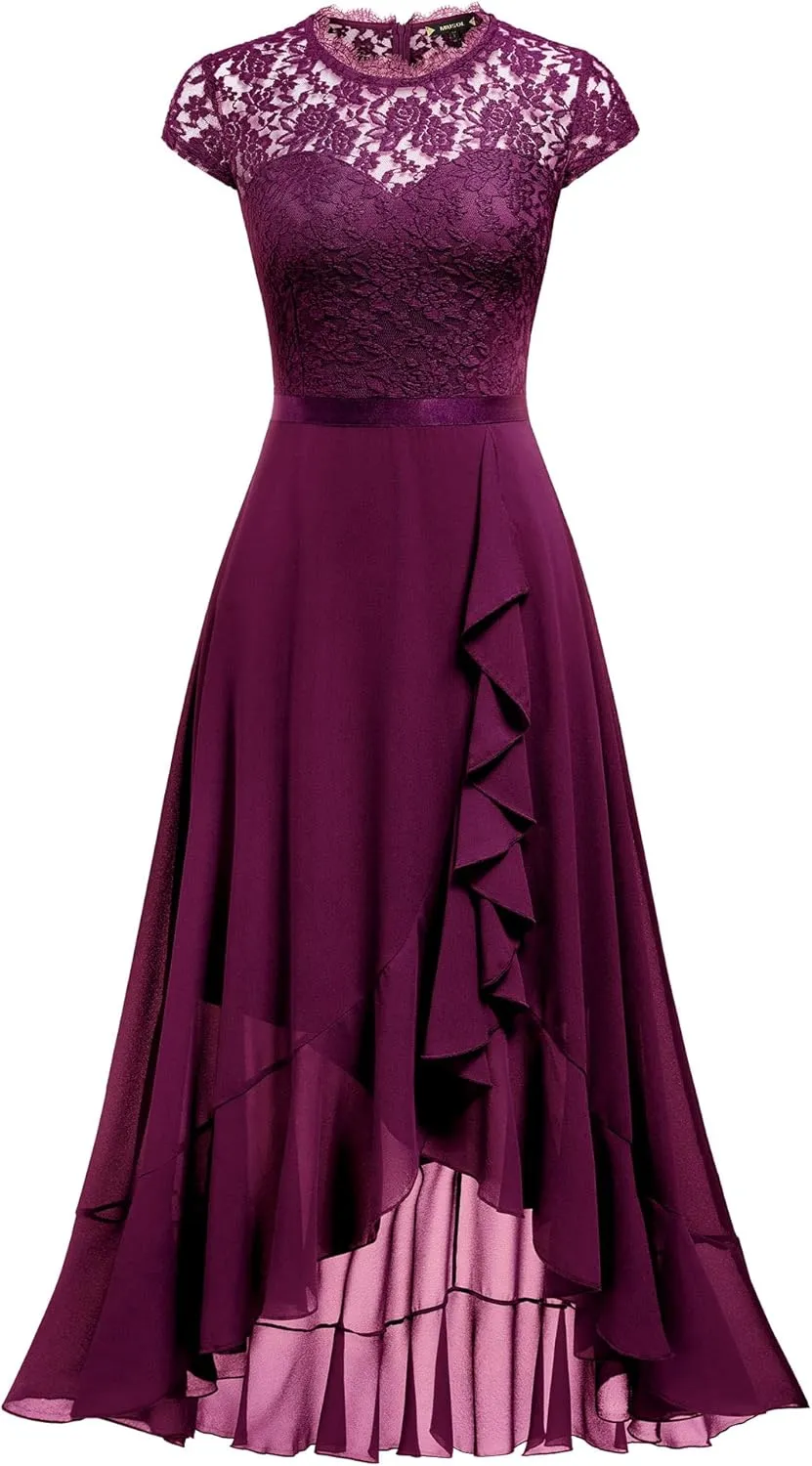 Miusol Women's Retro Lace Contrast Chiffon Ruffle Evening Maxi Dress