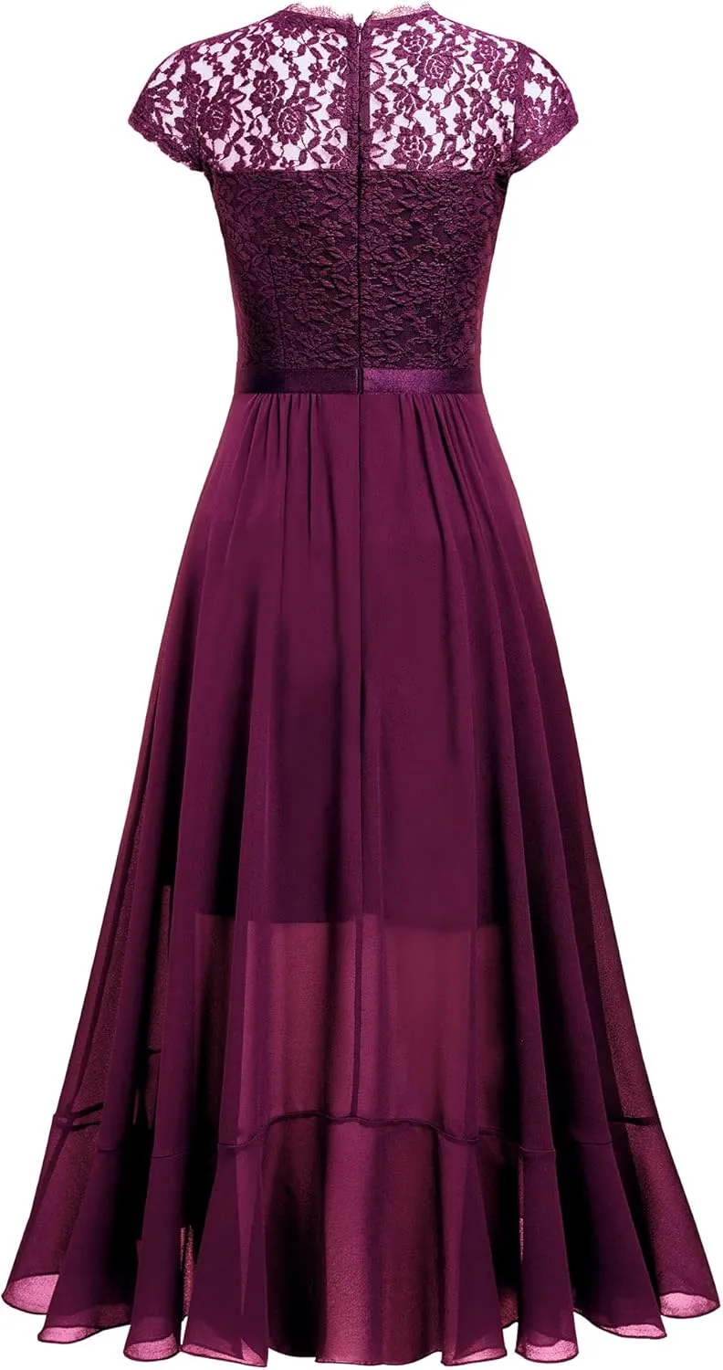 Miusol Women's Retro Lace Contrast Chiffon Ruffle Evening Maxi Dress